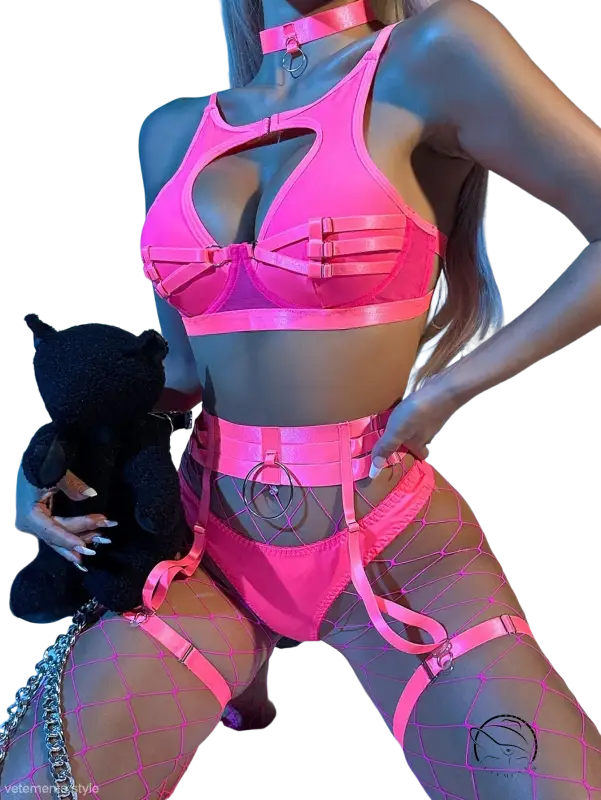 Bright pink sexy fishnet lingerie set with cutout stitching and tie accents