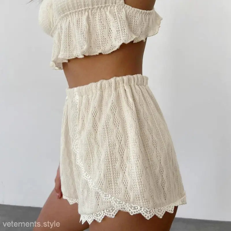 Crocheted two-piece French Cutout Pajamas Set with Lace and Tulle Sleeves