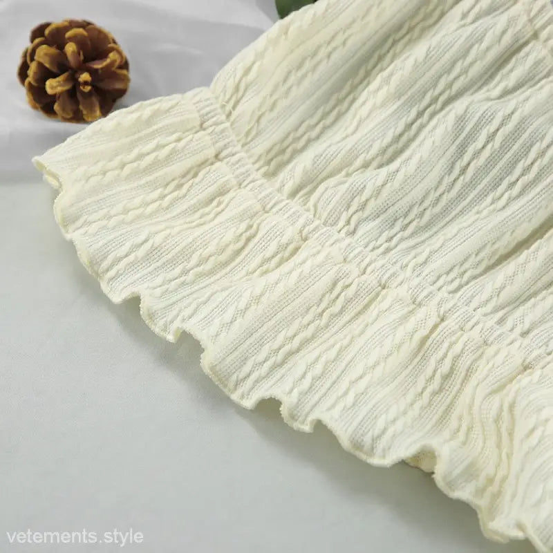 Textured off-white fabric of French Cutout Pajamas Set with Lace and Tulle Sleeves