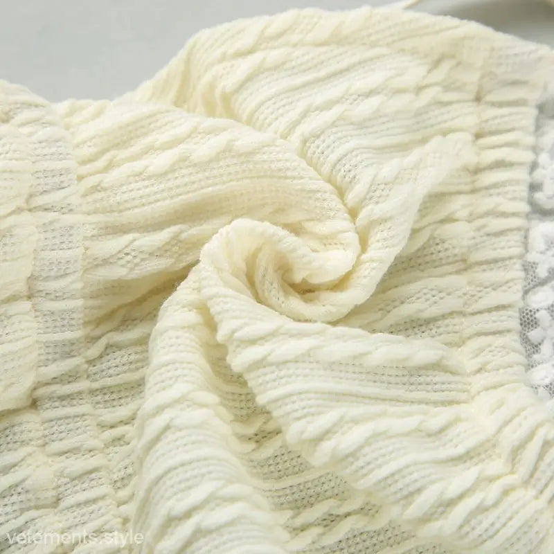 Cream-colored textured knit fabric of Sexy French Cutout Pajamas Set with Lace Sleeves