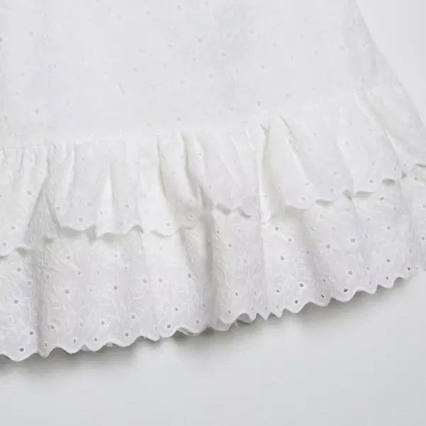 White eyelet ruffle on French Niche Hollow Cutout Cotton Crop Top for Summer