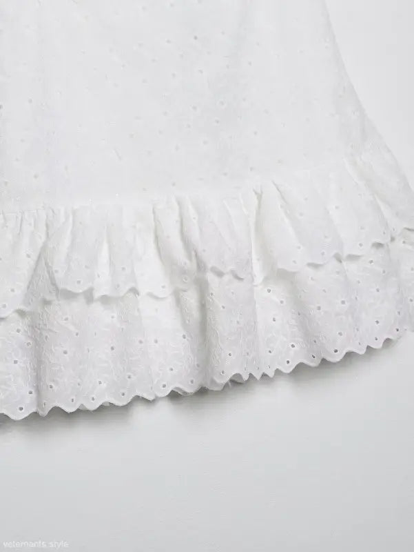 White eyelet ruffle on French Niche Hollow Cutout Cotton Crop Top for Summer