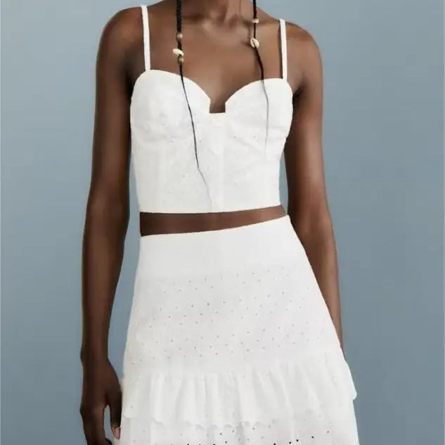 White eyelet crop top and skirt set featuring a sexy French Niche hollow cutout design