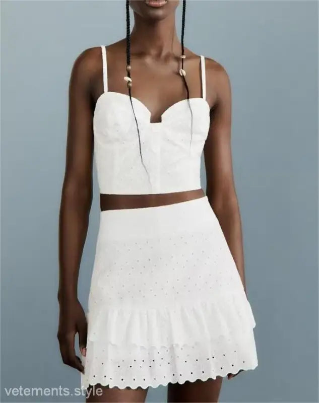 White eyelet crop top and skirt set featuring a sexy French Niche hollow cutout design