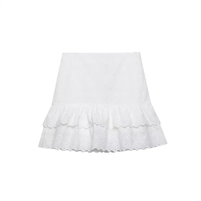 White eyelet ruffle skirt paired with French Niche Hollow Cutout Cotton Crop Top for Summer