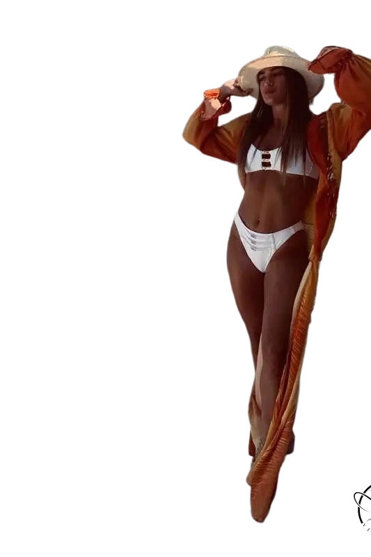 Woman in sexy French style bikini with orange robe