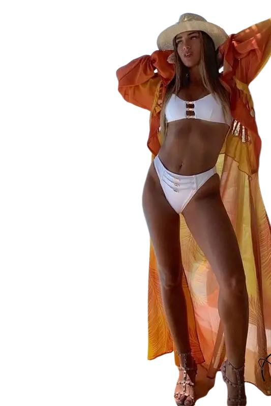 Sexy French style bikini: woman in white with orange cover-up