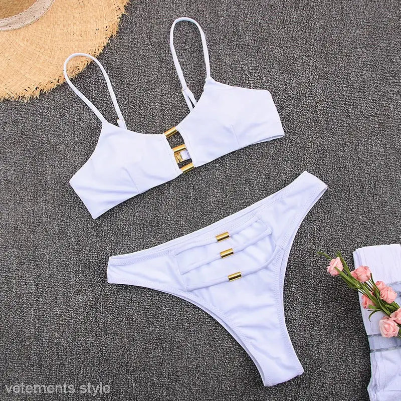 White sexy French style bikini with gold accents from the French Style Cutout Strap Bikini collection