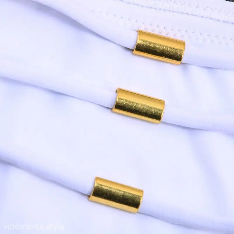 Sexy French Style Bikini featuring white fabric with gold metal accents for summer vacations
