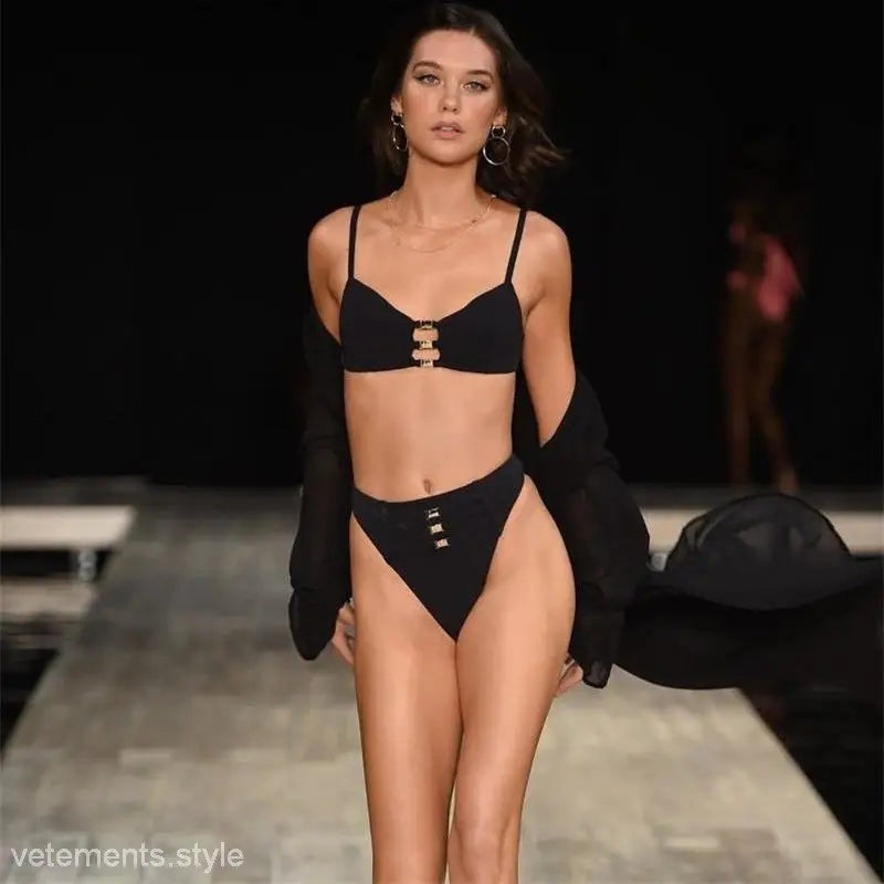 Black two-piece swimsuit with gold hardware, sexy French style bikini for summer vacations