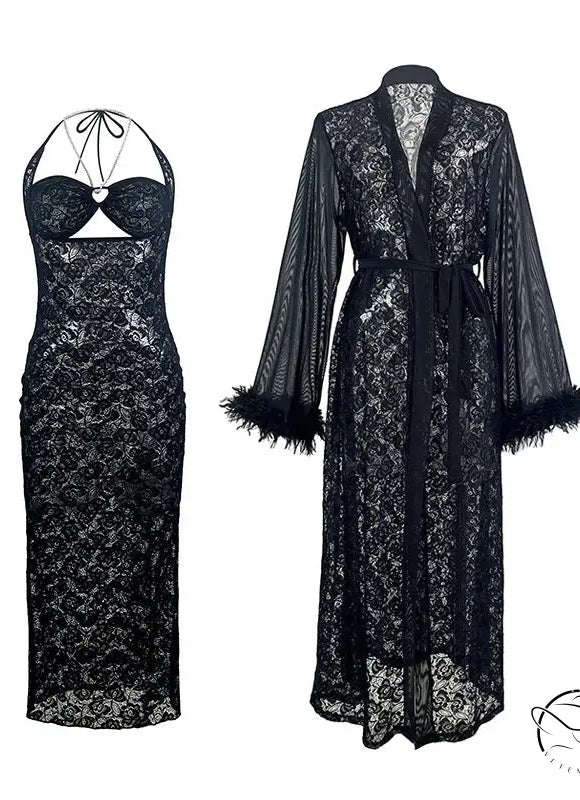 Sexy black lace halter skirt midi dress with sheer robe
