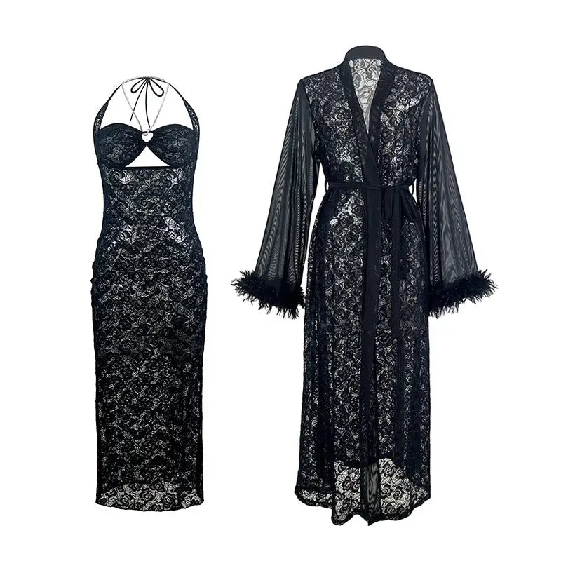 Black lace evening gown with matching sheer robe.