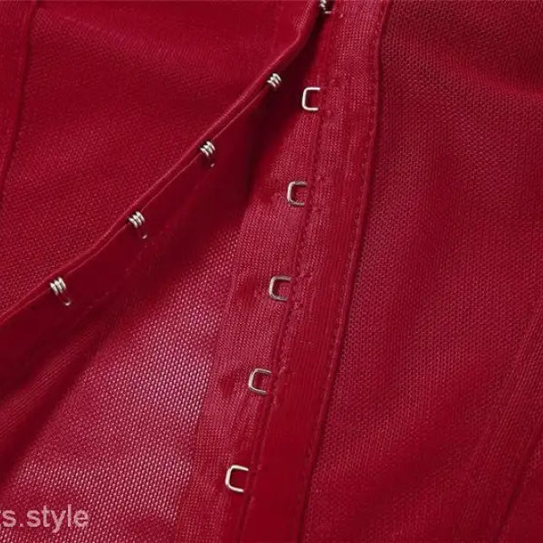 Red corset with hook-and-eye closures, featuring halter spaghetti straps for a sexy look