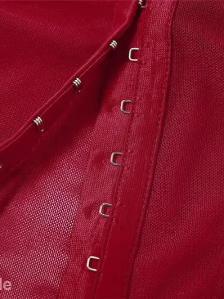 Red corset with hook-and-eye closures, featuring halter spaghetti straps for a sexy look
