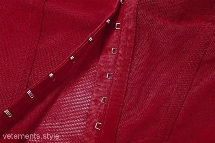 Red corset with hook-and-eye closures, featuring halter spaghetti straps for a sexy look