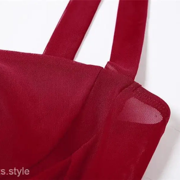 Red halter spaghetti straps crop top with lace and tulle detail, stylish spaghetti straps vest