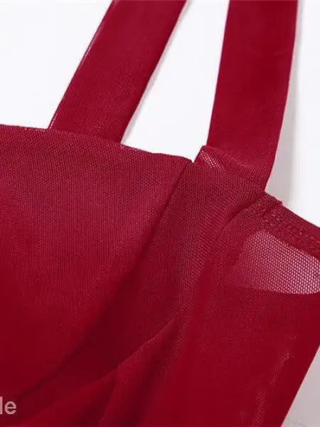 Red halter spaghetti straps crop top with lace and tulle detail, stylish spaghetti straps vest