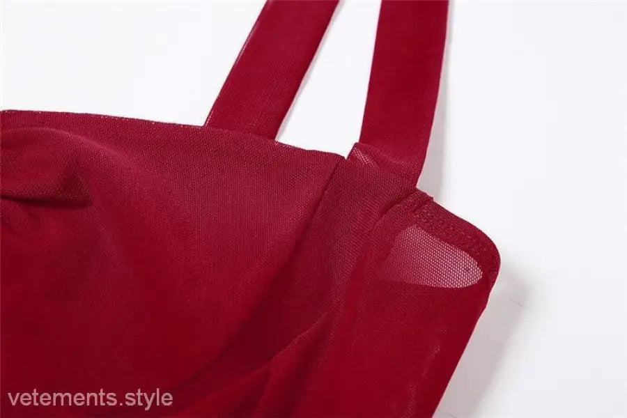 Red halter spaghetti straps crop top with lace and tulle detail, stylish spaghetti straps vest