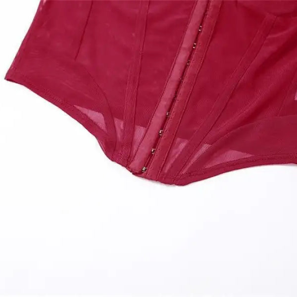 Red sheer bodysuit with hook-and-eye closure, featuring halter spaghetti straps and lace details