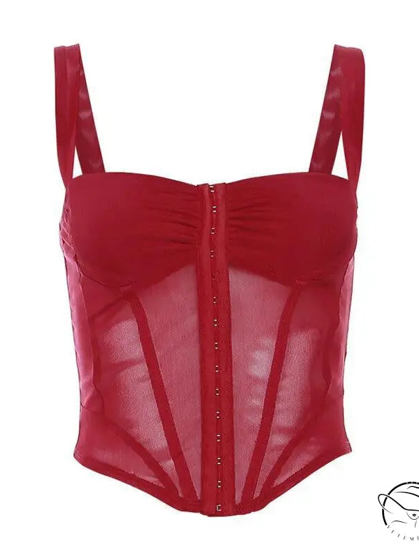 Red sheer halter spaghetti straps crop top with lace, tulle detail and front hook closures