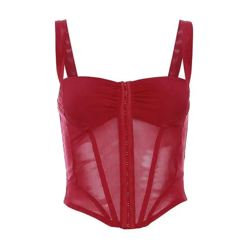 Red sheer halter spaghetti straps crop top with lace, tulle detail and front hook closures
