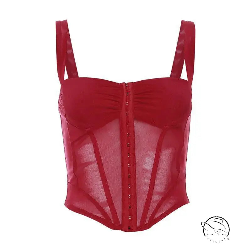 Sexy halter spaghetti straps red sheer corset crop top with lace