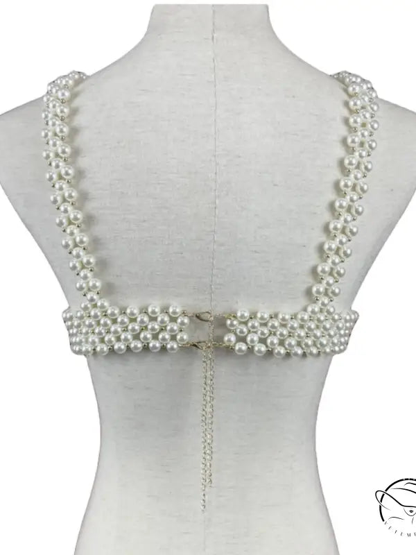 Handmade pearl bra with shoulder straps and back chain closure for summer wear