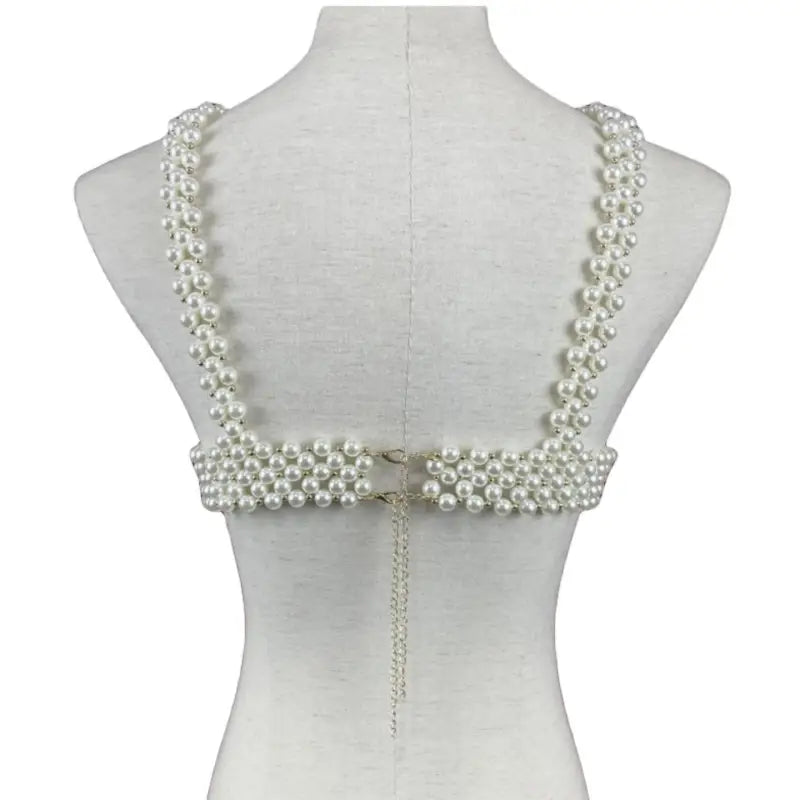 Handmade pearl bra with shoulder straps and back chain closure for summer wear