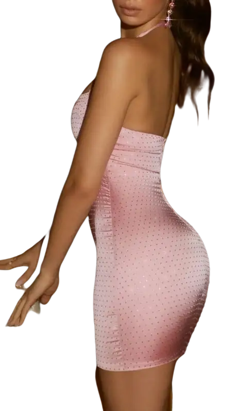 Sexy high elastic pink satin bodycon midi dress with glittery polka dots