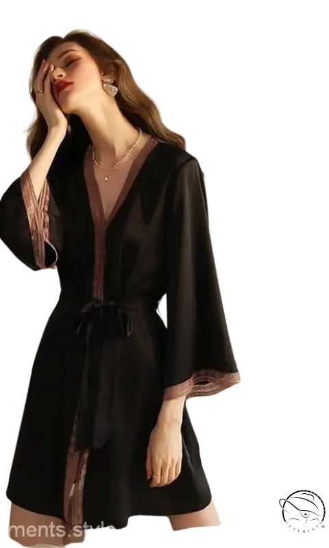 Black ice silk robe with sexy pink lace trim and waist tie