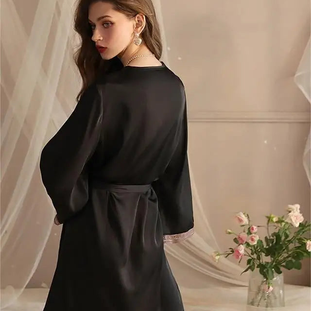 Black ice silk robe with tie waist, long sleeves, lace, and tulle detail, sexy and luxurious