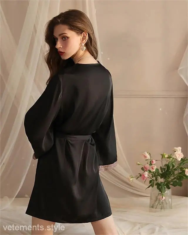 Black ice silk robe with tie waist, long sleeves, lace, and tulle detail, sexy and luxurious
