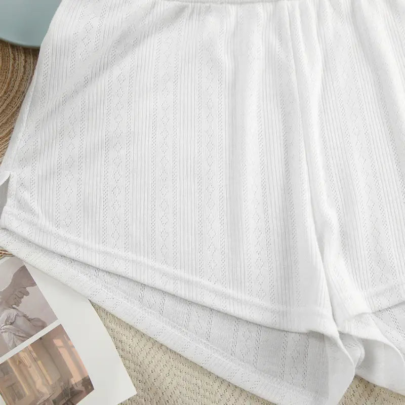 White eyelet knit shorts with ruffled hem from the Knitted Shorts Homewear Set for a stylish look