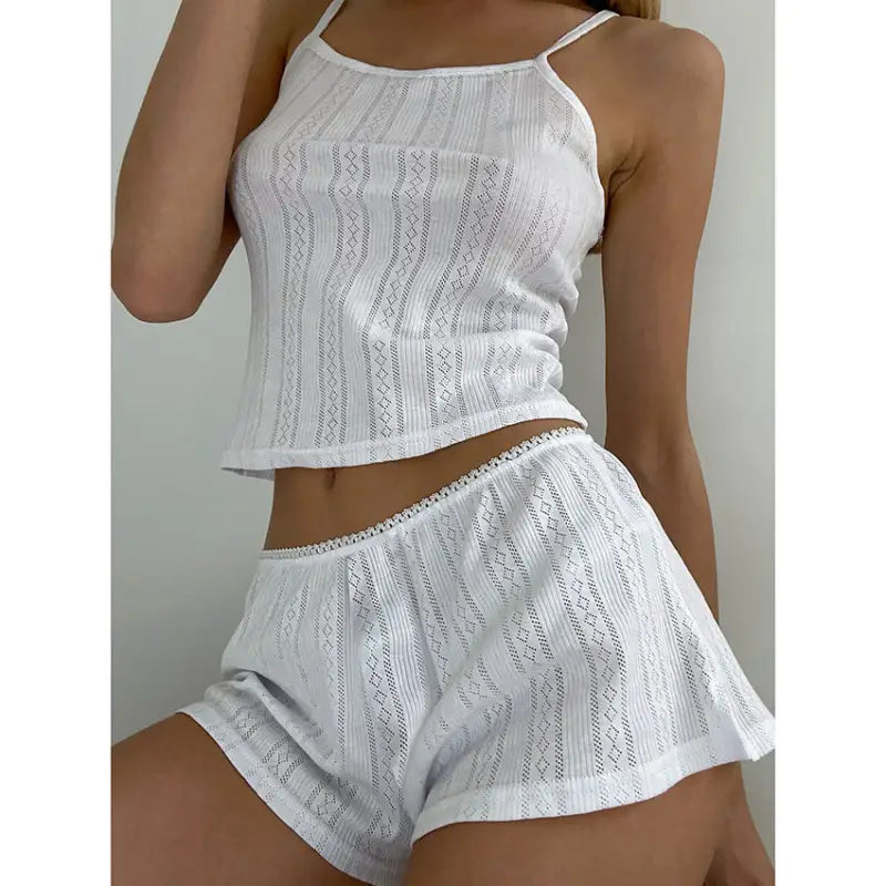 White openwork knit cami top and shorts pajama set from the knitted shorts homewear collection