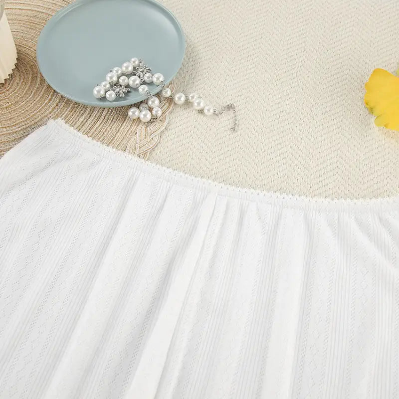 White off-the-shoulder textured woven top with ruffled neckline for sexy knitted shorts homewear set