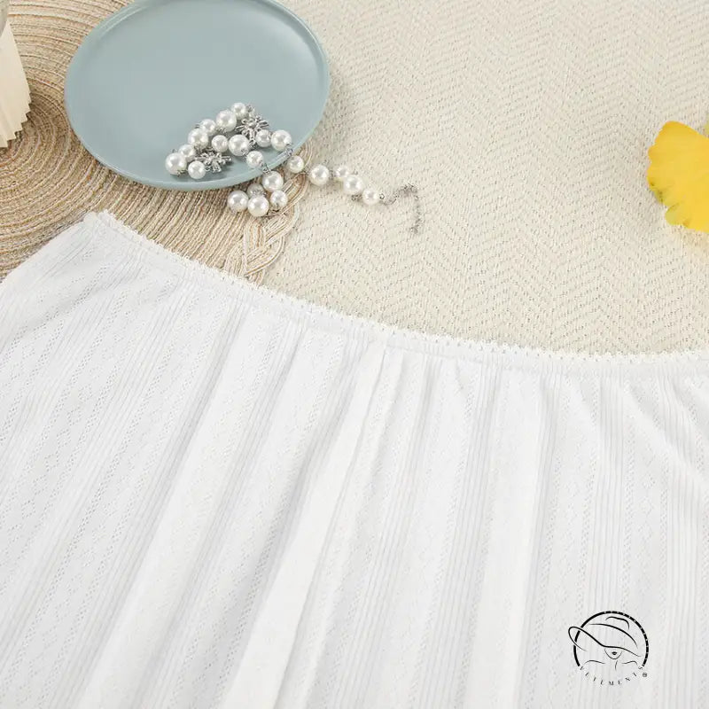 White off-shoulder textured top in sexy knitted shorts homewear set