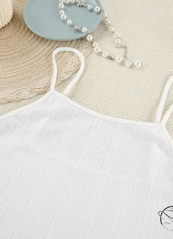 White ribbed knit camisole top in sexy knitted shorts homewear set