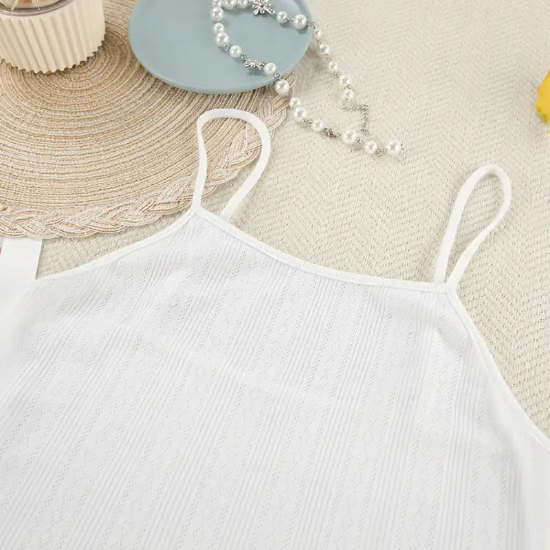 White ribbed knit camisole top from the knitted shorts homewear set with spaghetti straps