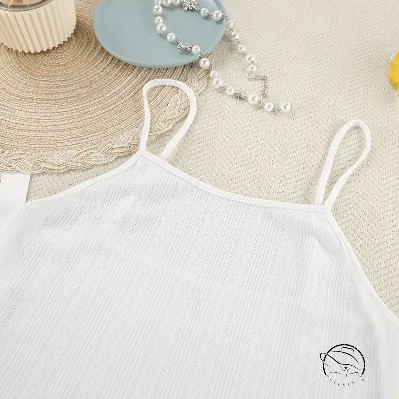 White ribbed knit camisole top in sexy knitted shorts homewear set