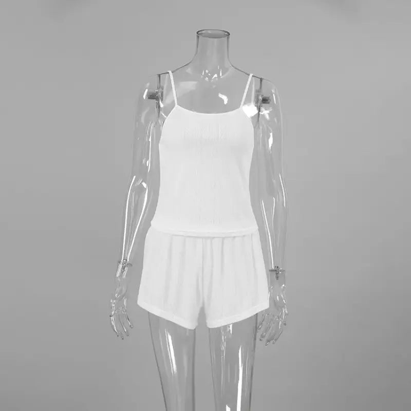 White ribbed camisole and shorts pajama set on mannequin, perfect for knitted shorts homewear