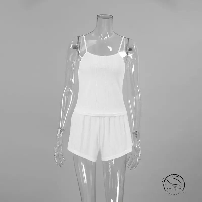 White ribbed camisole and sexy knitted shorts homewear set on mannequin