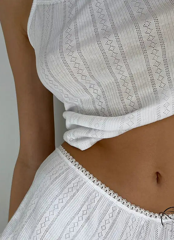 White eyelet knit crop top and shorts set from the sexy knitted shorts homewear collection