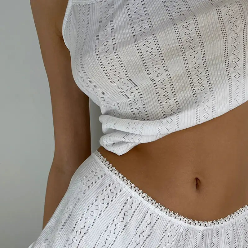 White eyelet knit crop top and shorts set from the sexy knitted shorts homewear collection