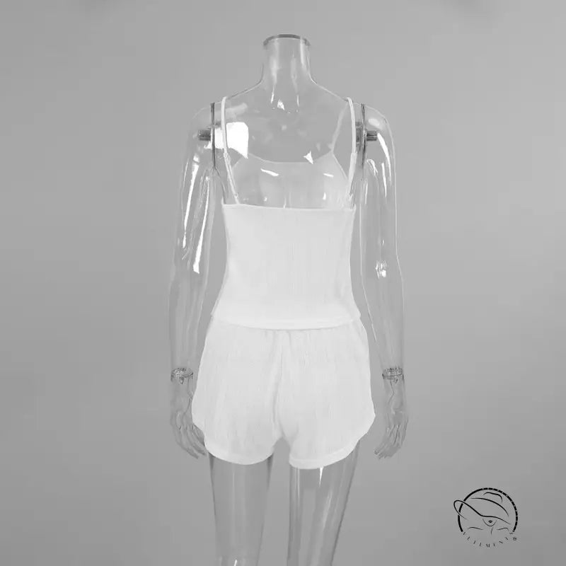 White sleeveless crop top and sexy knitted shorts homewear set