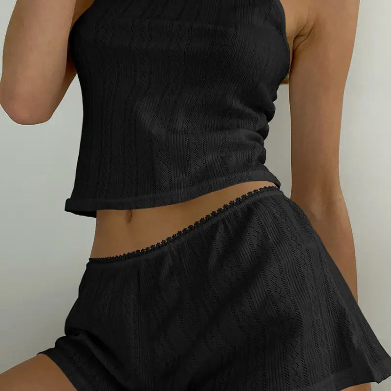Black textured knitted shorts homewear set with sleeveless crop top and lace trim