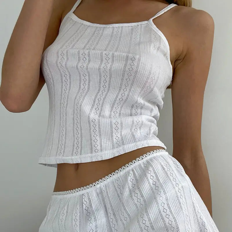 White open-knit camisole and matching shorts from the sexy knitted shorts homewear set