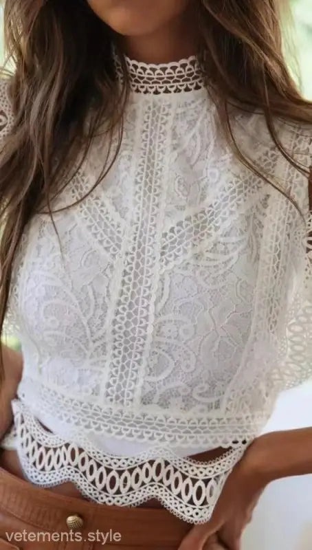 Delicate white lace chiffon shirt with intricate patterns and high neckline for summer fashion