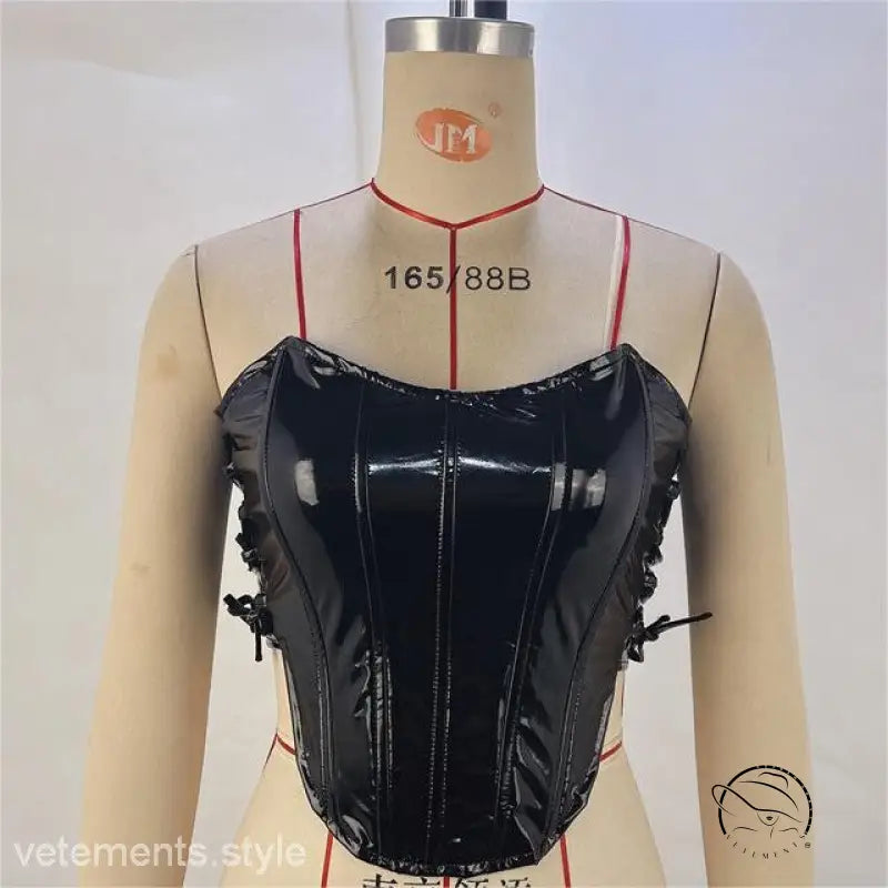 Shiny black patent leather corset with side lacing in Langry lace crop top