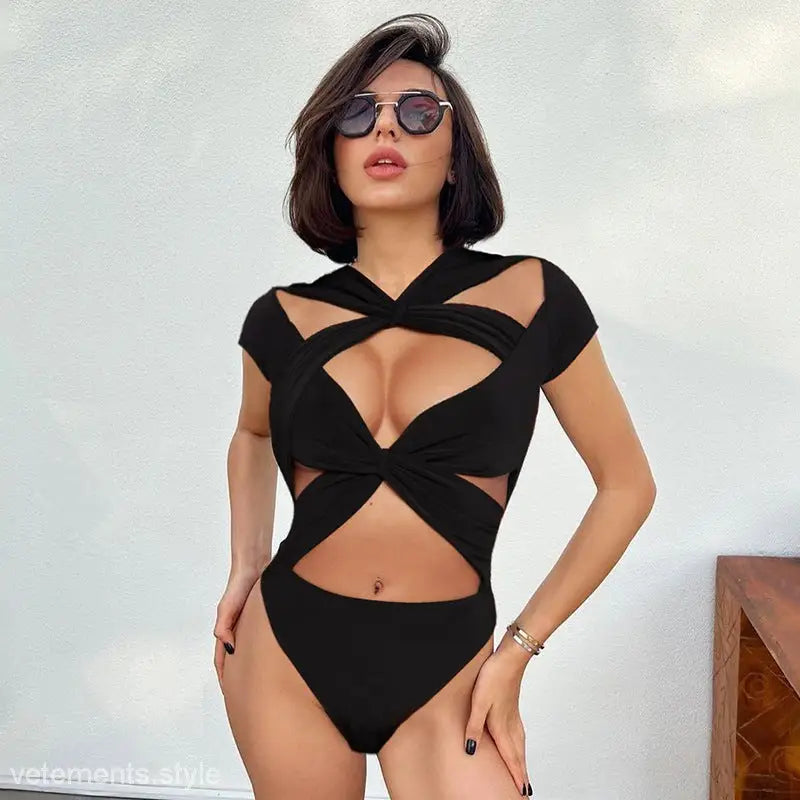 Black cutout swimsuit with crisscrossing straps for Lace Cutout V-Neck Short Sleeve White Cross Jumpsuit