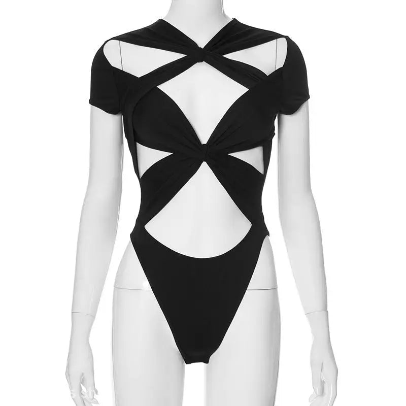 Black cut-out bodysuit with geometric shapes for the Lace Cutout V-Neck Short Sleeve Cross Jumpsuit